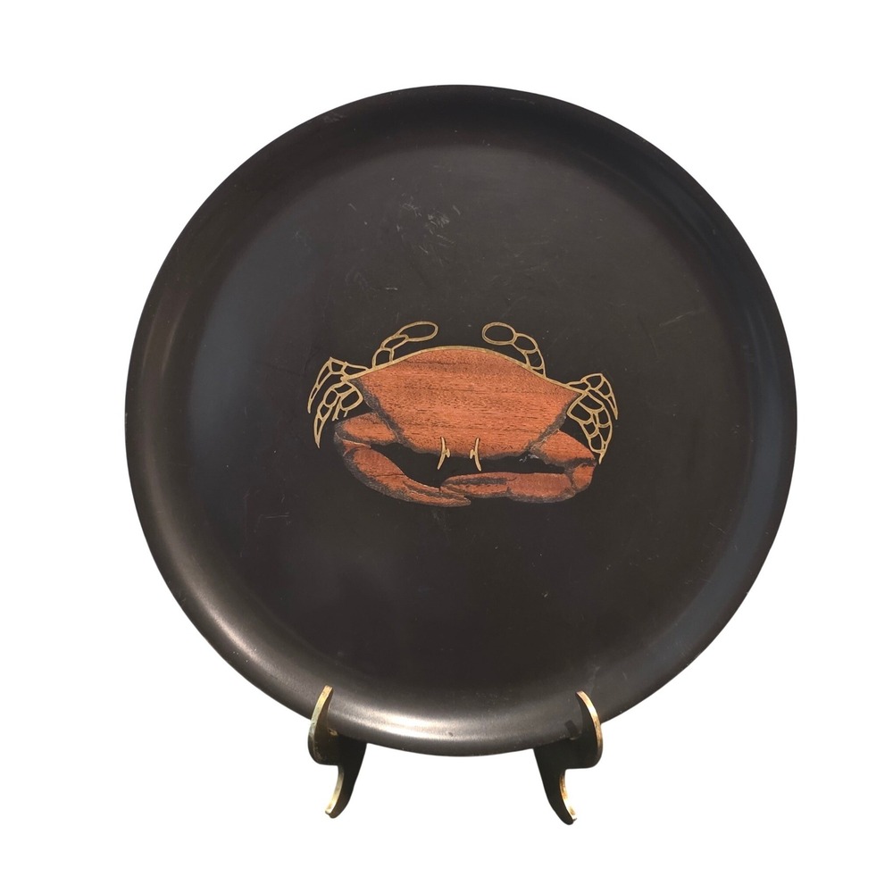 Rare Couroc of Monterey Crab Inlaid Tray MCM Black Brass Round Server 10.5"